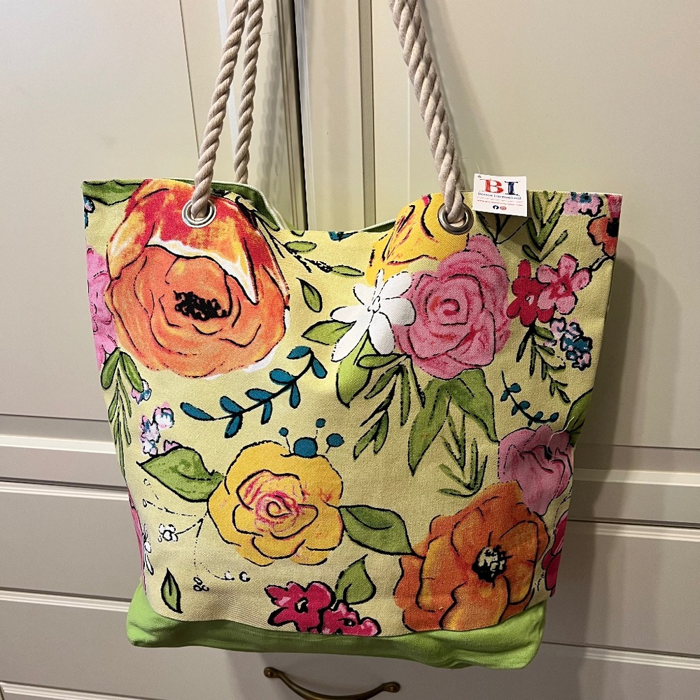 Light Green & Multi Color Floral Canvas Tote Bag‎ (Large & Very Pretty)